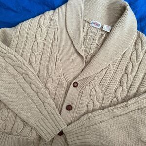 Vtg tan cable knit 100% wool shawl collar cardigan Men 3X fisherman grandpa cozy
